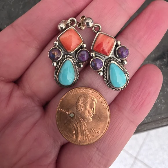 Navajo Native American Southwestern Sterling Silver Turquoise Cluster Earrings - Picture 5 of 13